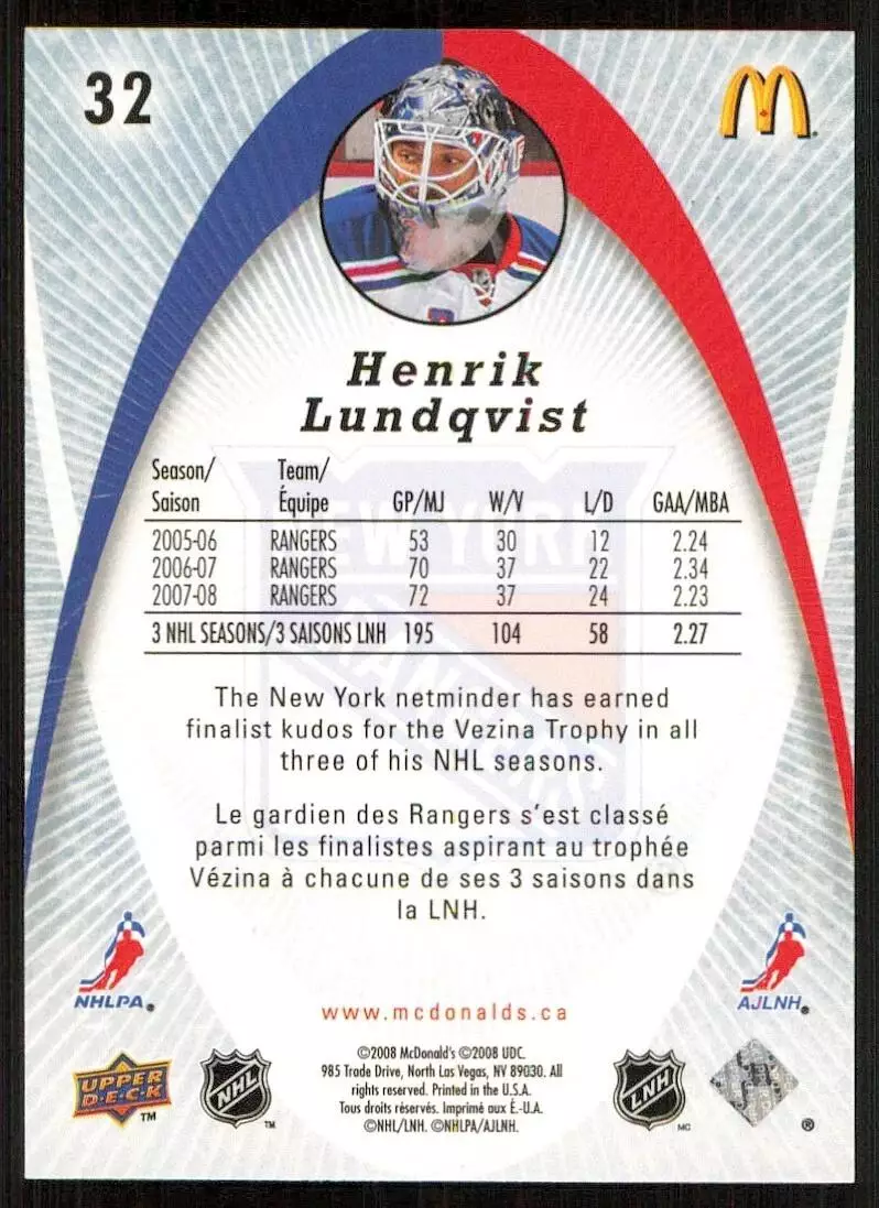 2008-09 McDonald's Upper Deck #32 Henrik Lundqvist 1