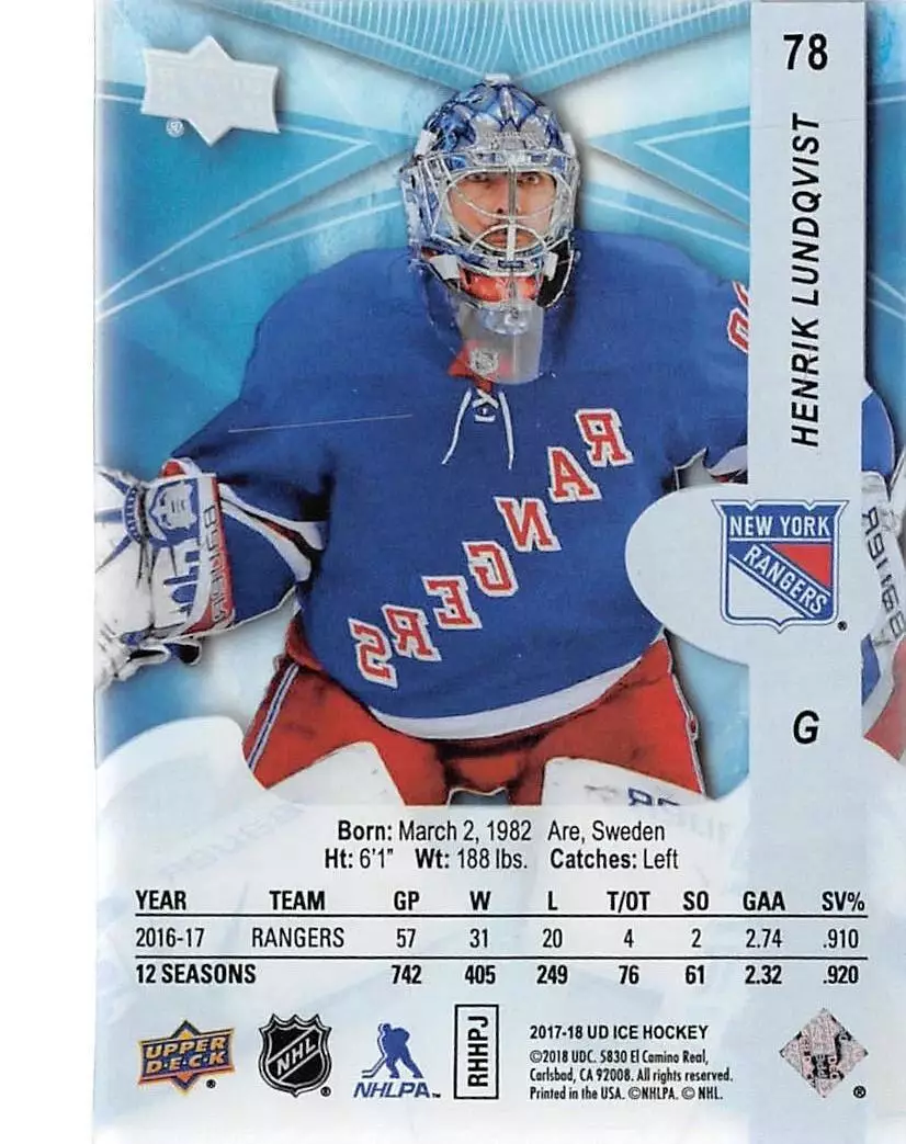 2017-18 Upper Deck Ice #78 Henrik Lundqvist 1
