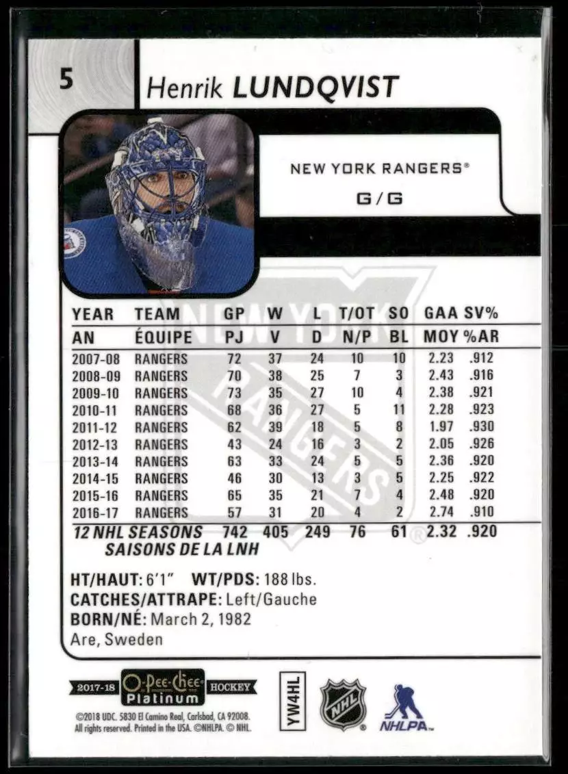 2017-18 O-Pee-Chee Platinum #5 Henrik Lundqvist 1