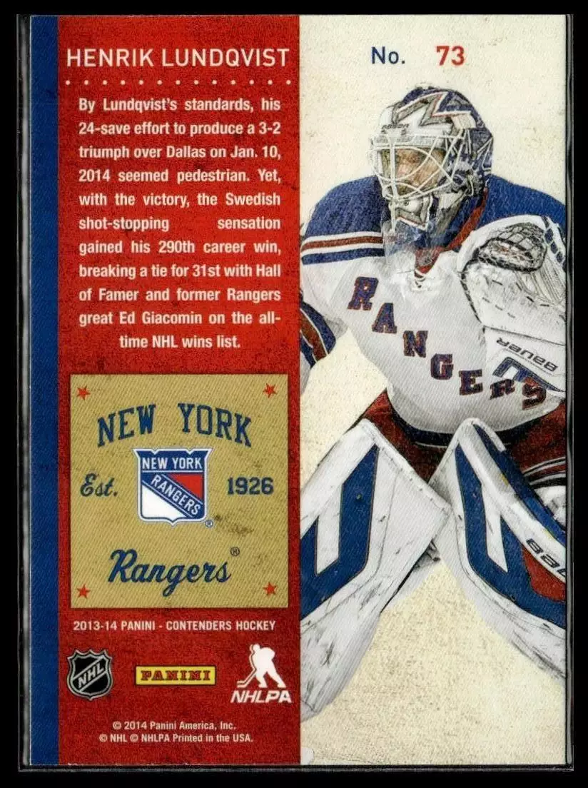 2013-14 Panini Contenders #73 Henrik Lundqvist 1