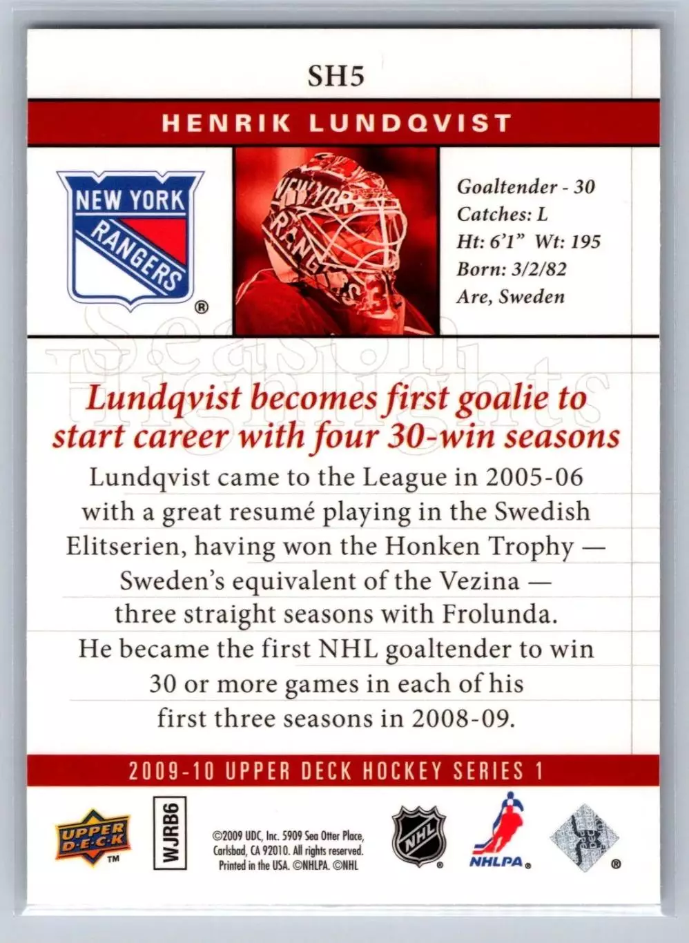 2009-10 Upper Deck Season Highlights #SH5 Henrik Lundqvist 1