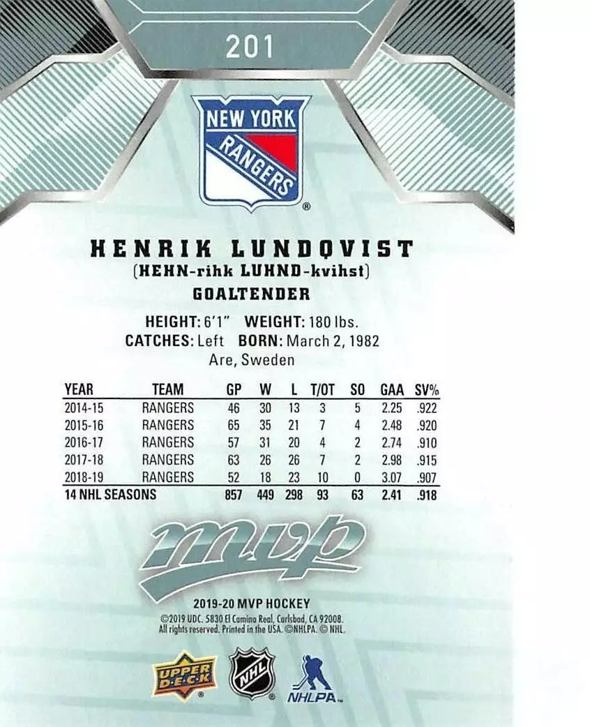 2019-20 Upper Deck MVP #201 Henrik Lundqvist SP 1