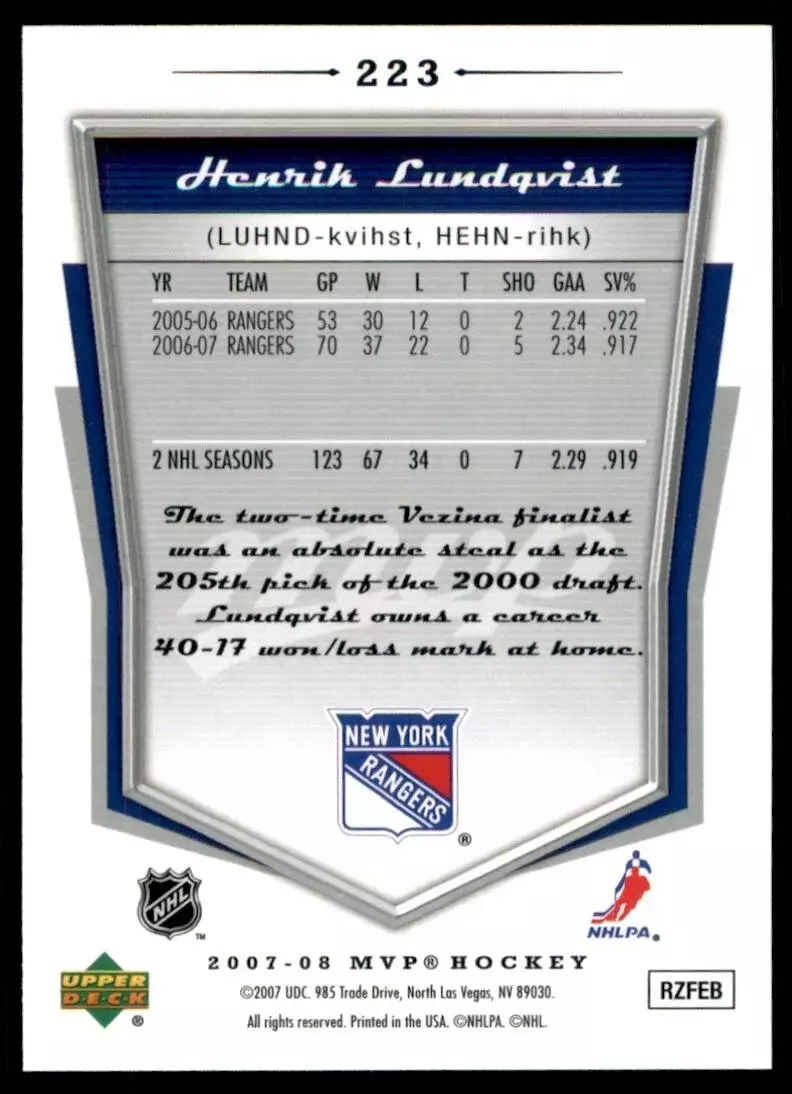 2007-08 Upper Deck MVP #223 Henrik Lundqvist 1