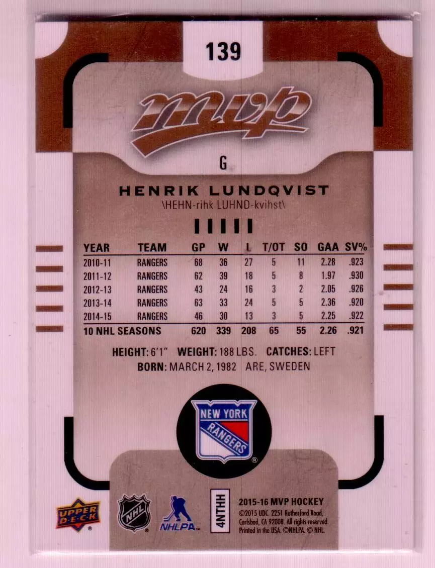 2015-16 Upper Deck MVP #139 Henrik Lundqvist SP 1