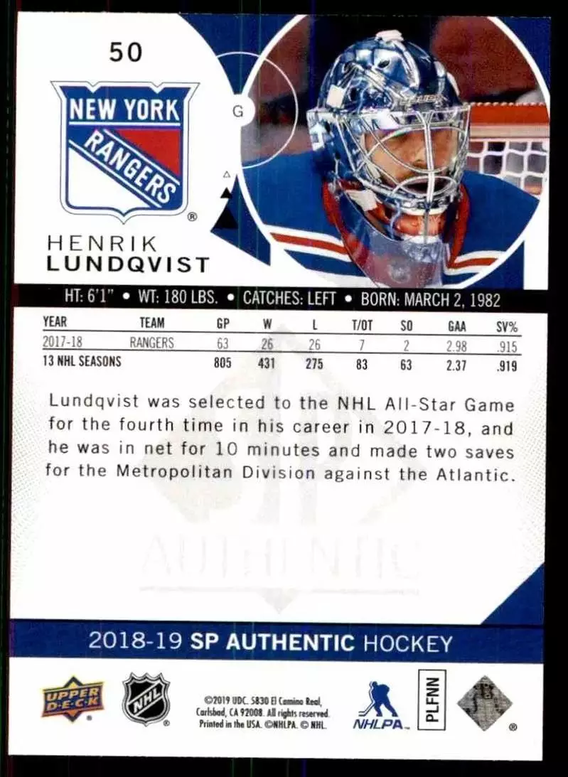 2018-19 SP Authentic #50 Henrik Lundqvist 1