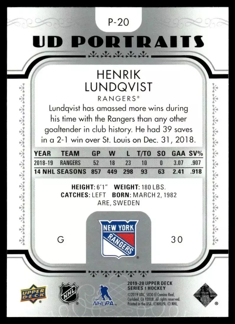 2019-20 Upper Deck UD Portraits #P20 Henrik Lundqvist 1