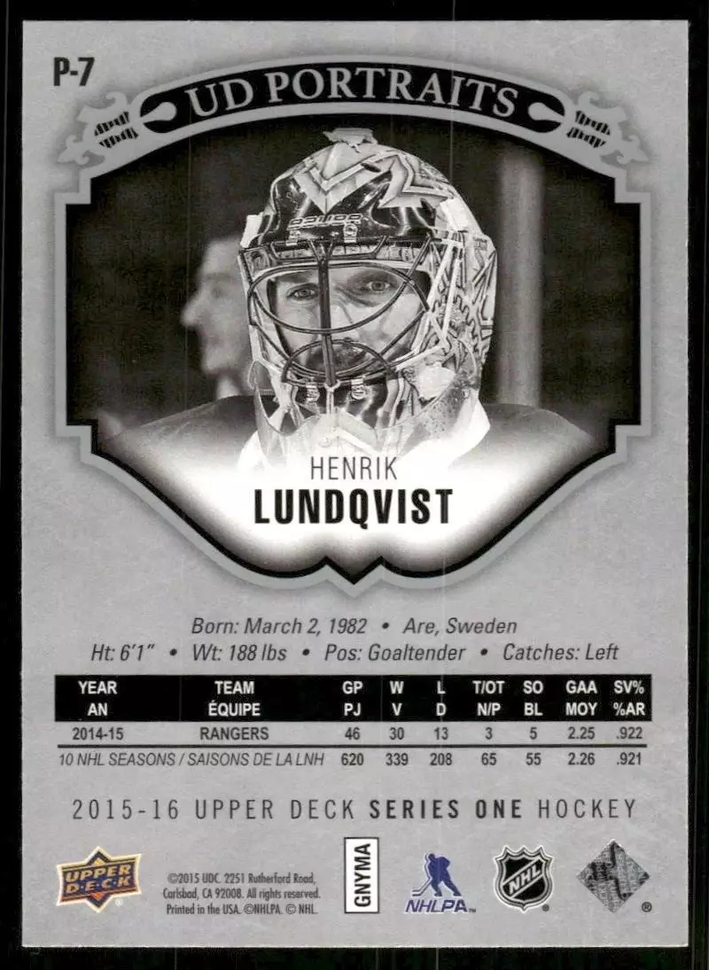 2019-20 Upper Deck UD Portraits #P20 Henrik Lundqvist 1