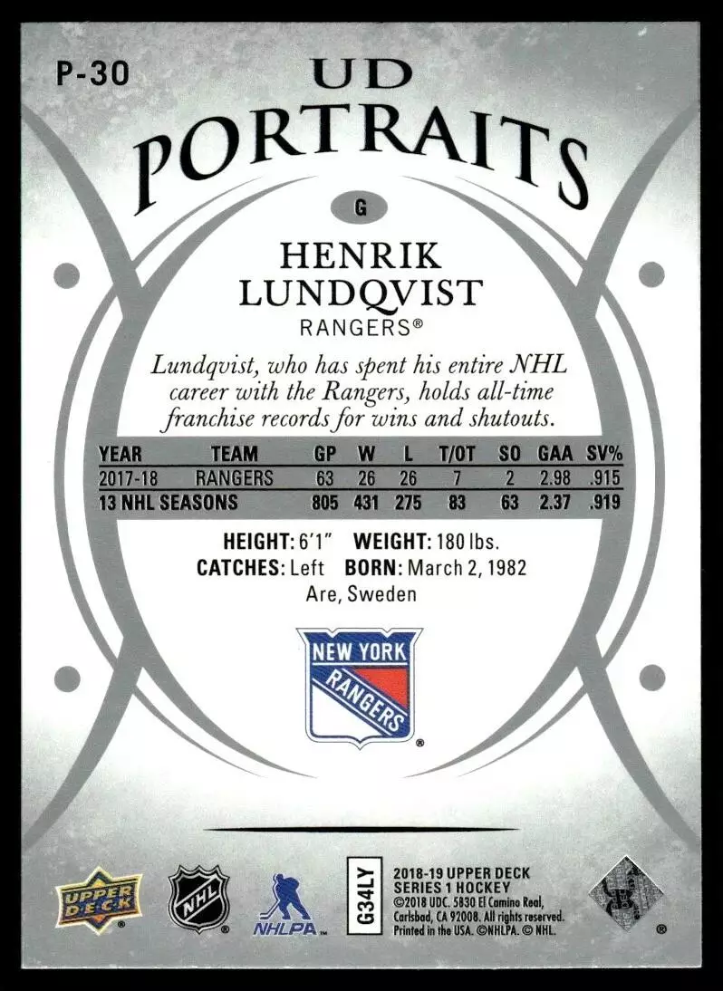 2018-19 Upper Deck UD Portraits #P30 Henrik Lundqvist 1