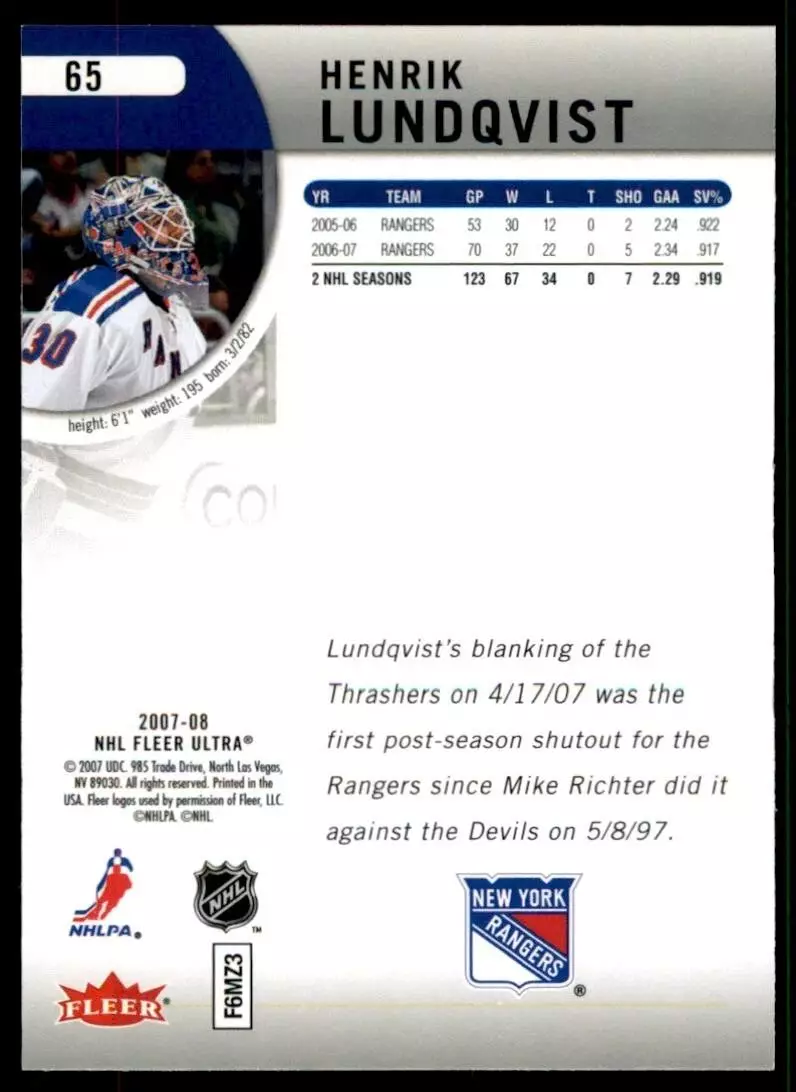2007-08 Ultra #65 Henrik Lundqvist 1