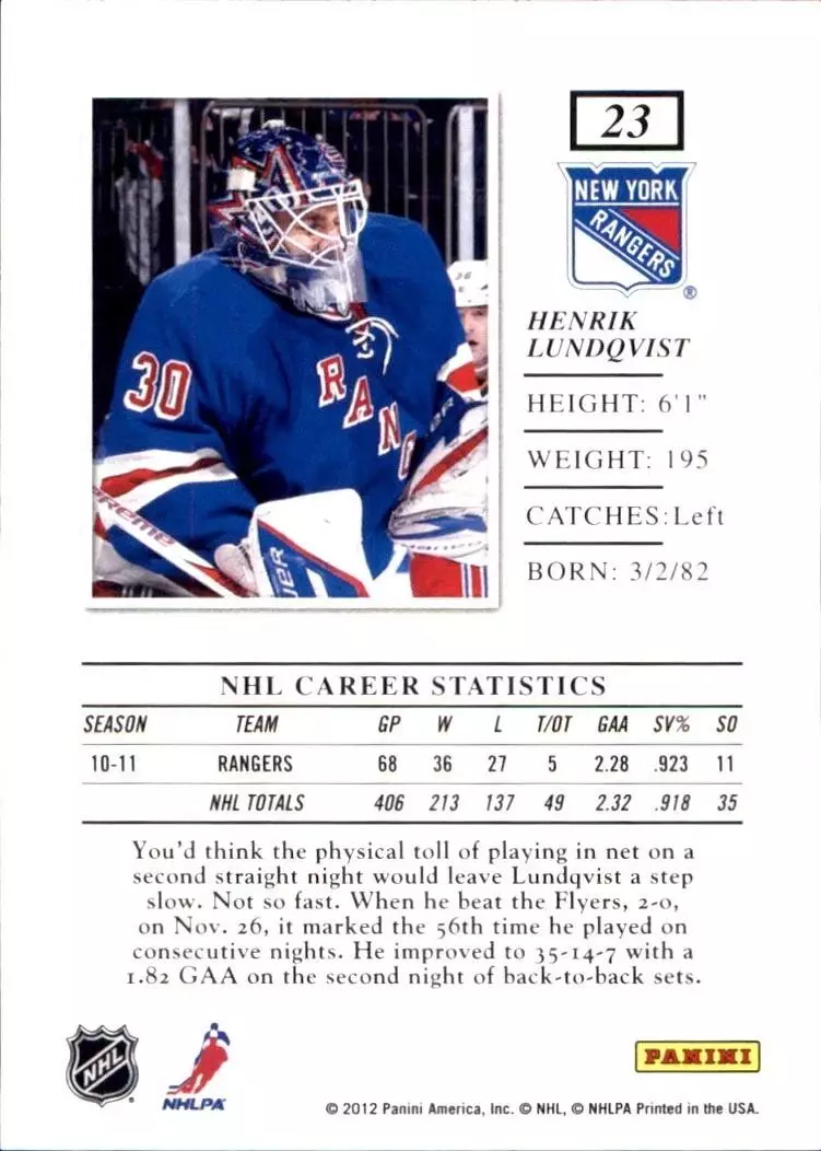 2011-12 Elite #23 Henrik Lundqvist 1