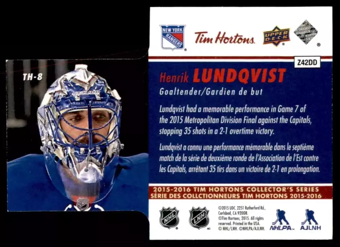 2015-16 Upper Deck Tim Hortons Die Cuts #TH8 Henrik Lundqvist 1