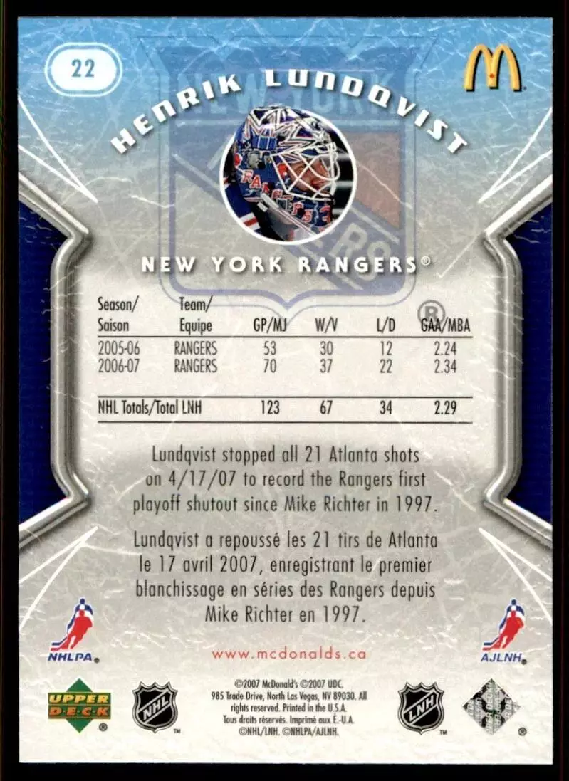 2007-08 McDonald's Upper Deck #22 Henrik Lundqvist 1