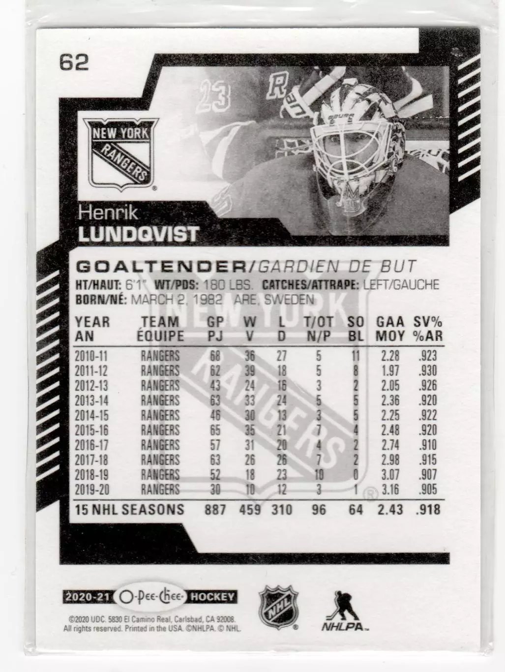 2020-21 O-Pee-Chee #62 Henrik Lundqvist 1