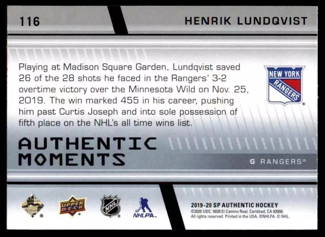 2019-20 SP Authentic #116 Henrik Lundqvist AM 1