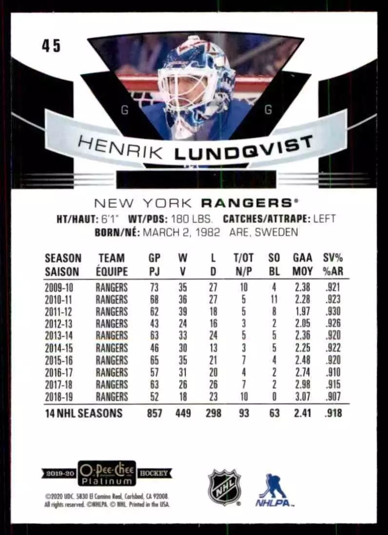 2019-20 O-Pee-Chee Platinum #45 Henrik Lundqvist 1