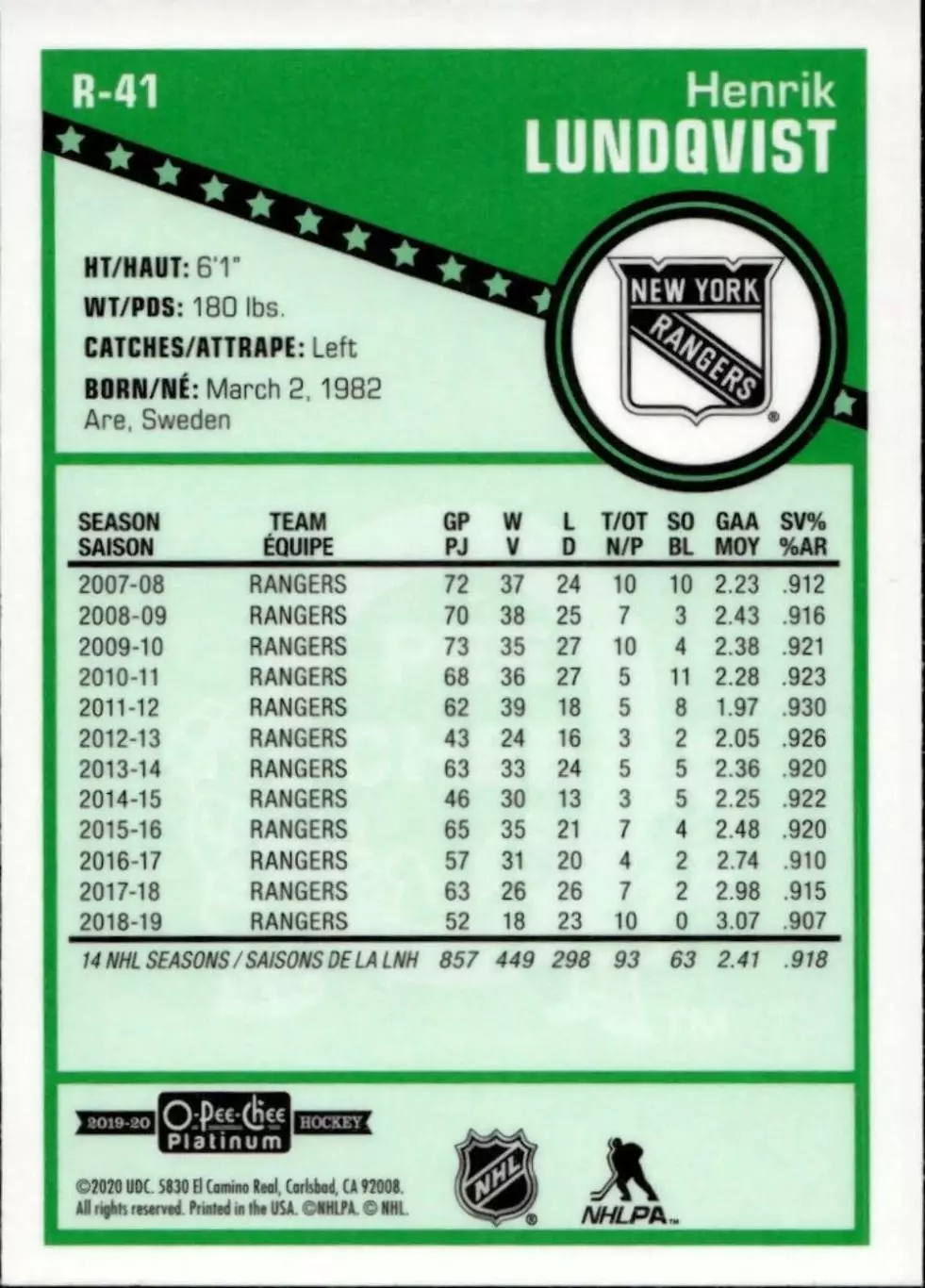 2019-20 O-Pee-Chee Platinum Retro #R41 Henrik Lundqvist 1