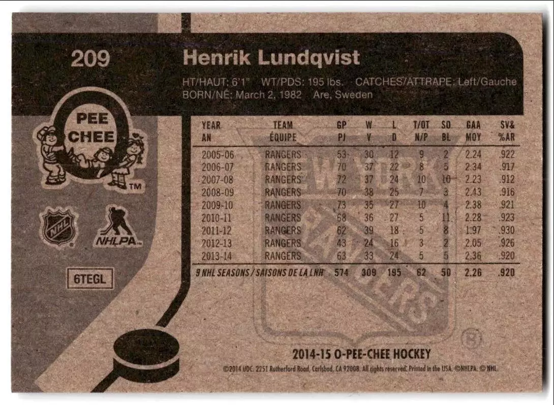 2014-15 O-Pee-Chee Retro #209 Henrik Lundqvist 1