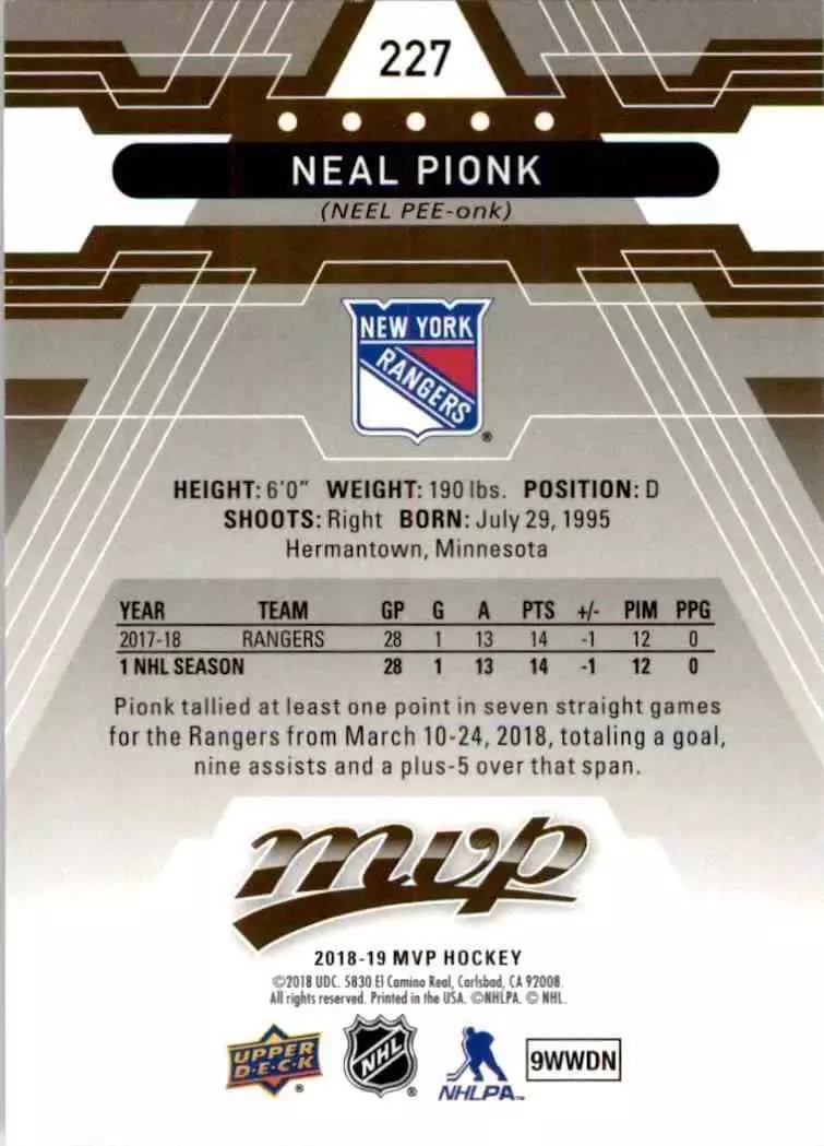 2018-19 Upper Deck MVP #227 Neal Pionk RC 1