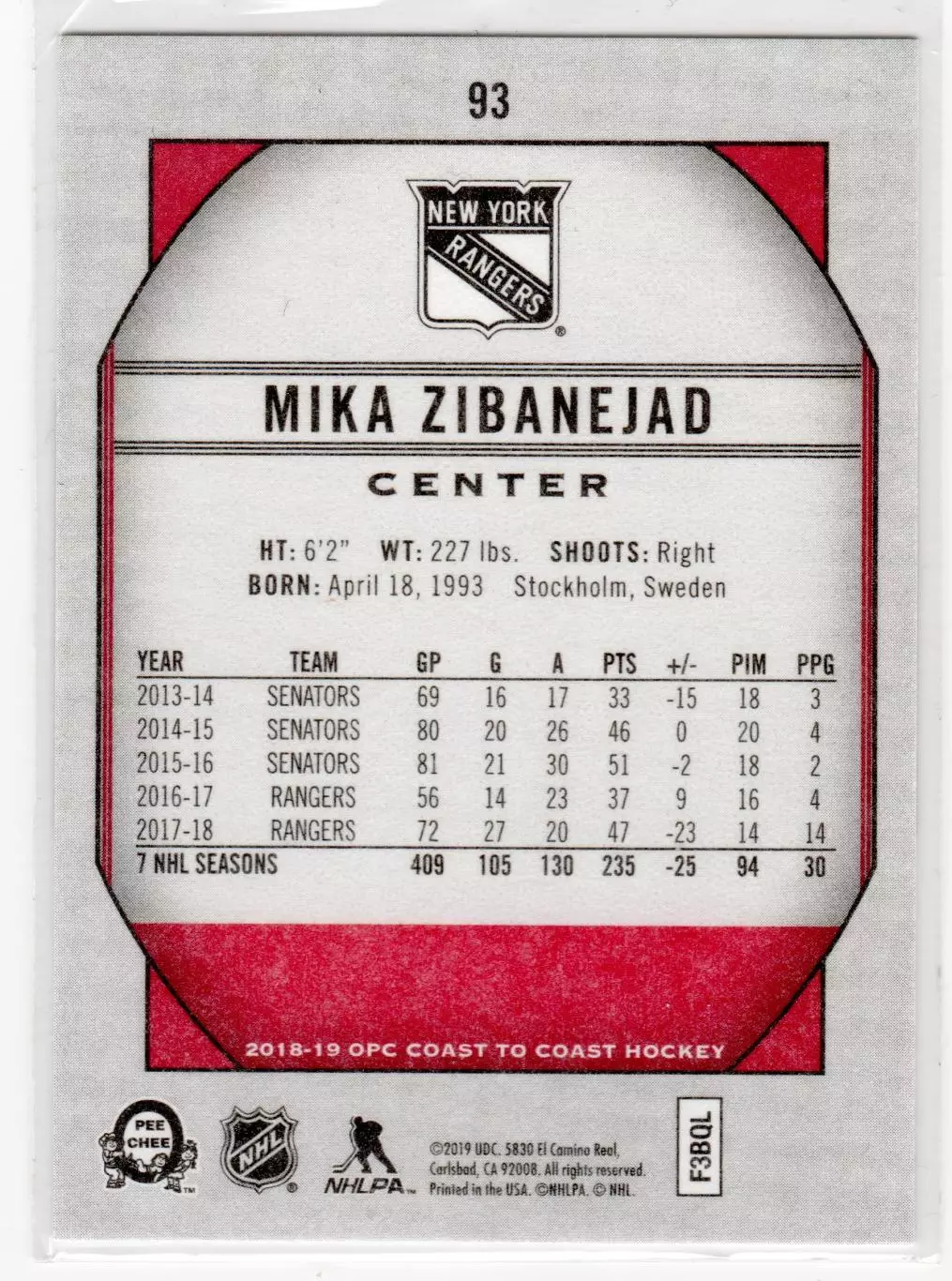 2018-19 O-Pee-Chee Coast to Coast #93 Mika Zibanejad 1