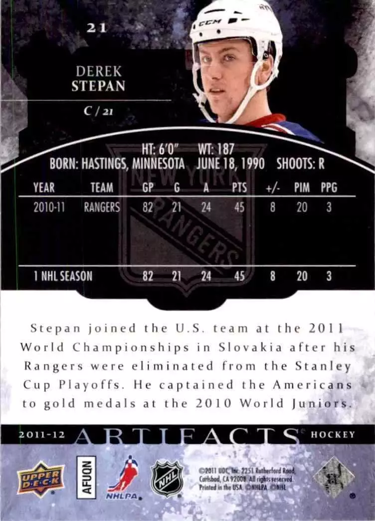2011-12 Artifacts #21 Derek Stepan 1