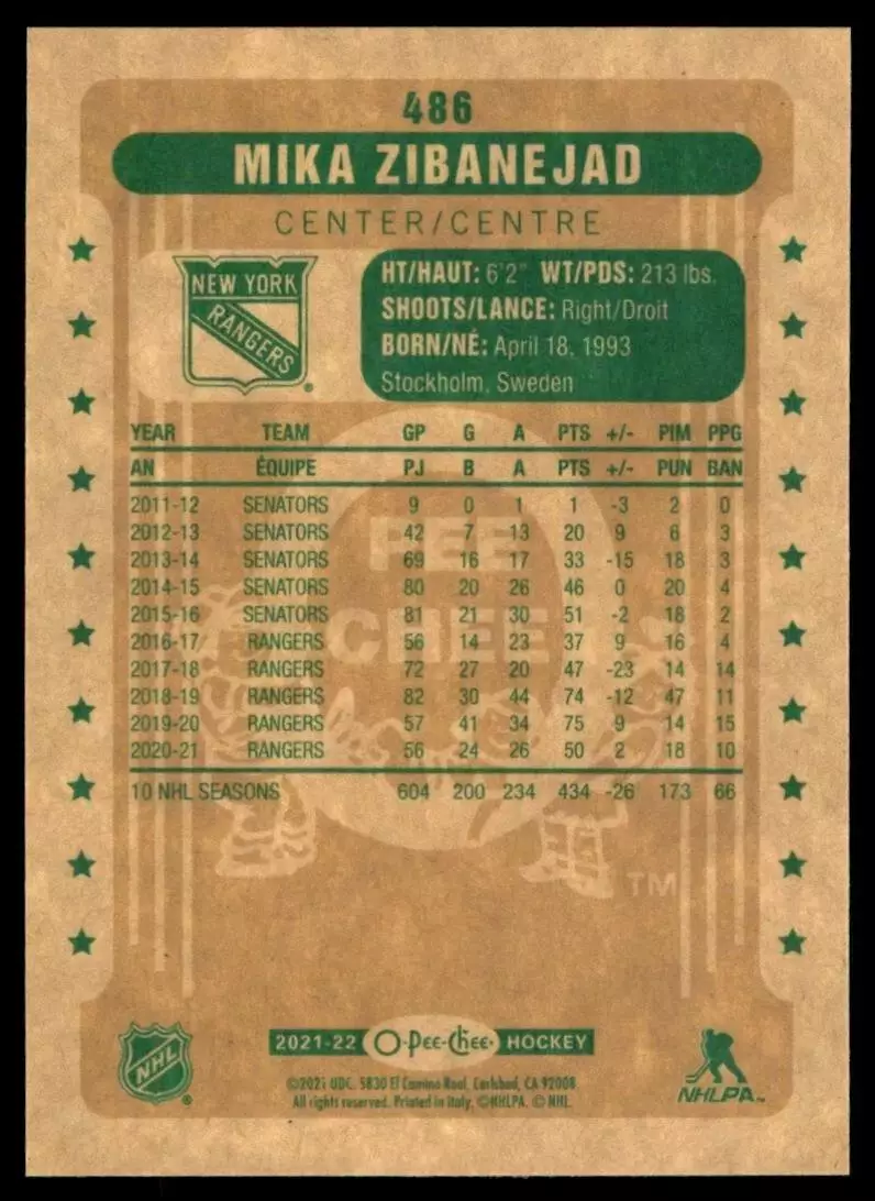 2019-20 O-Pee-Chee Retro #415 Mika Zibanejad 1