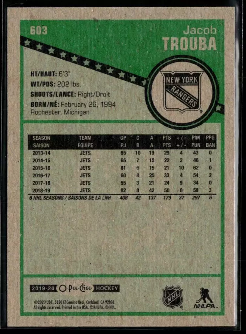 2019-20 O-Pee-Chee Retro #603 Jacob Trouba 1