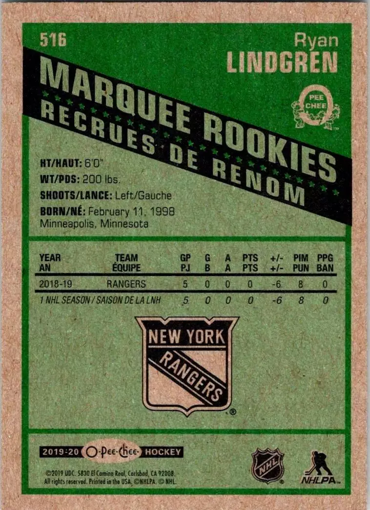 2019-20 O-Pee-Chee Retro #516 Ryan Lindgren 1