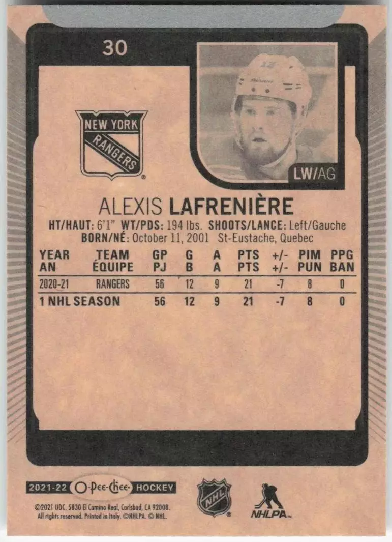 2021-22 O-Pee-Chee #30 Alexis Lafreniere 1