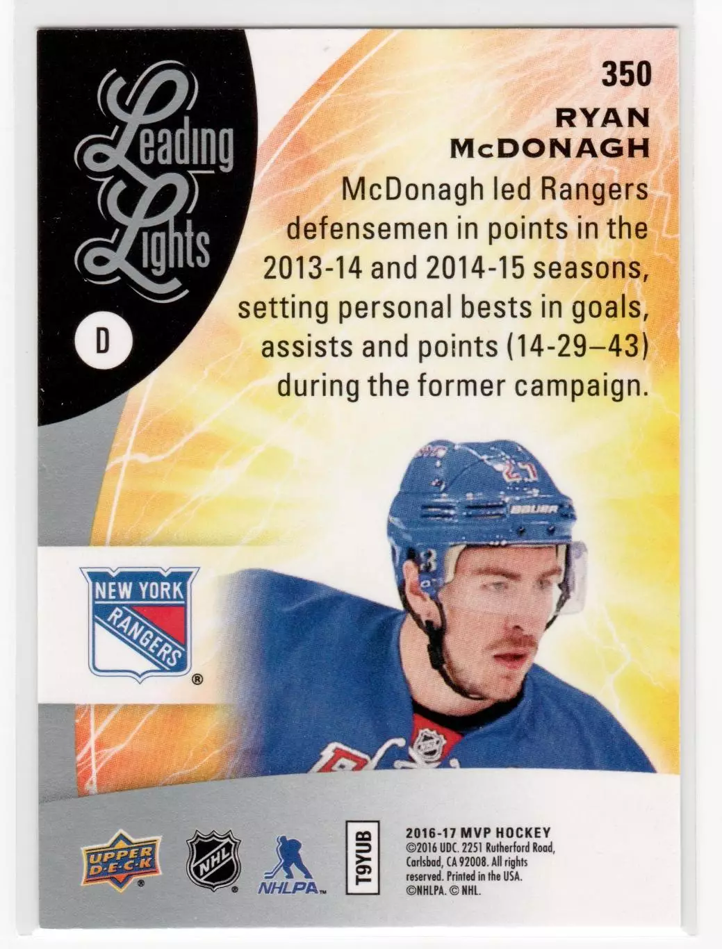 2016-17 Upper Deck MVP #350 Ryan McDonagh LL 1