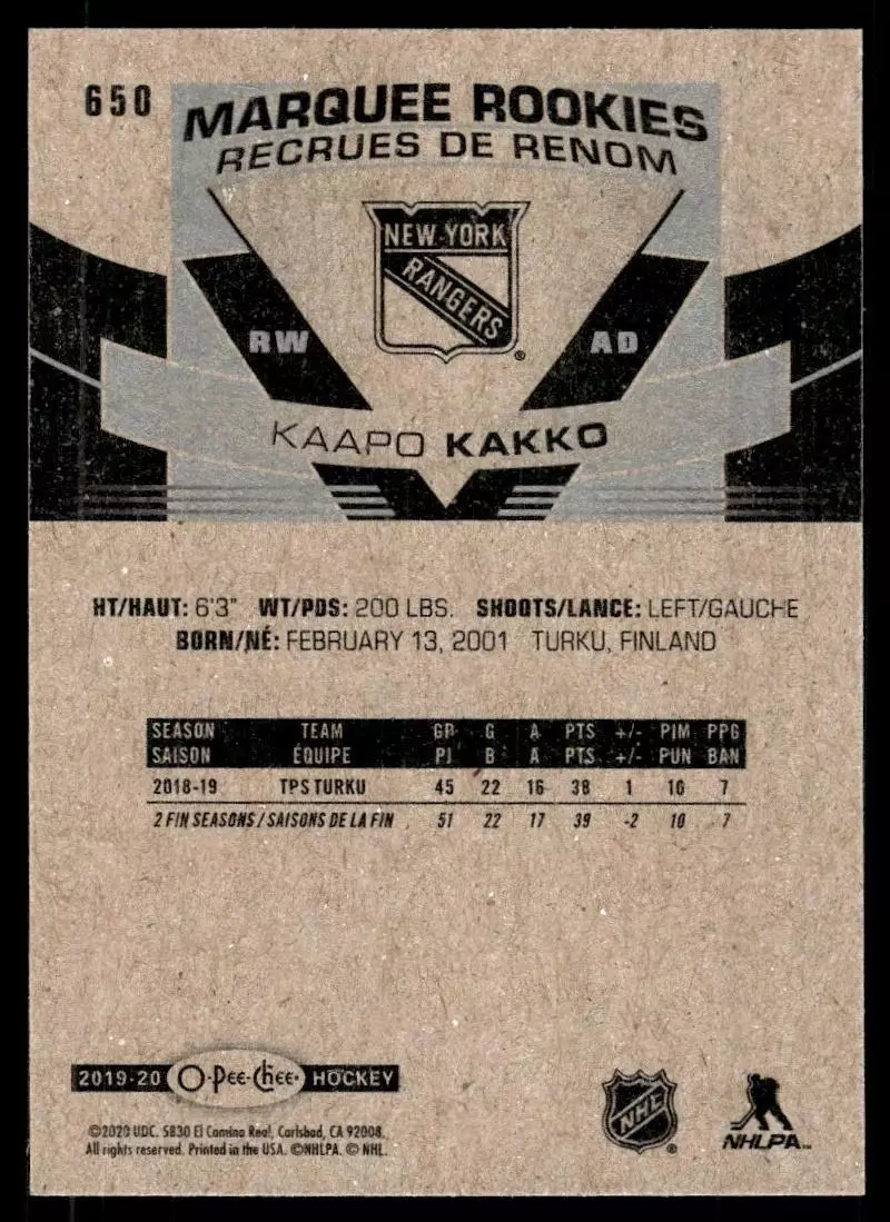2019-20 O-Pee-Chee #650 Kaapo Kakko RC 1