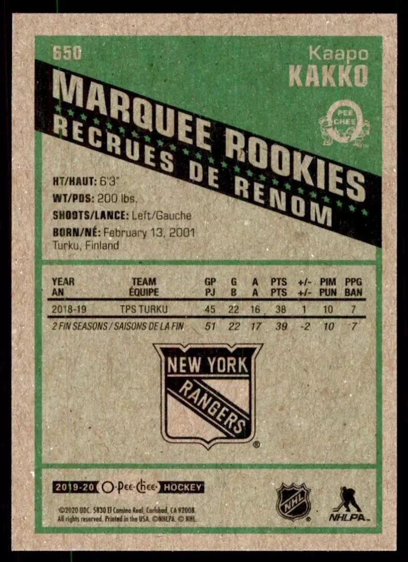 2019-20 O-Pee-Chee Retro #650 Kaapo Kakko 1