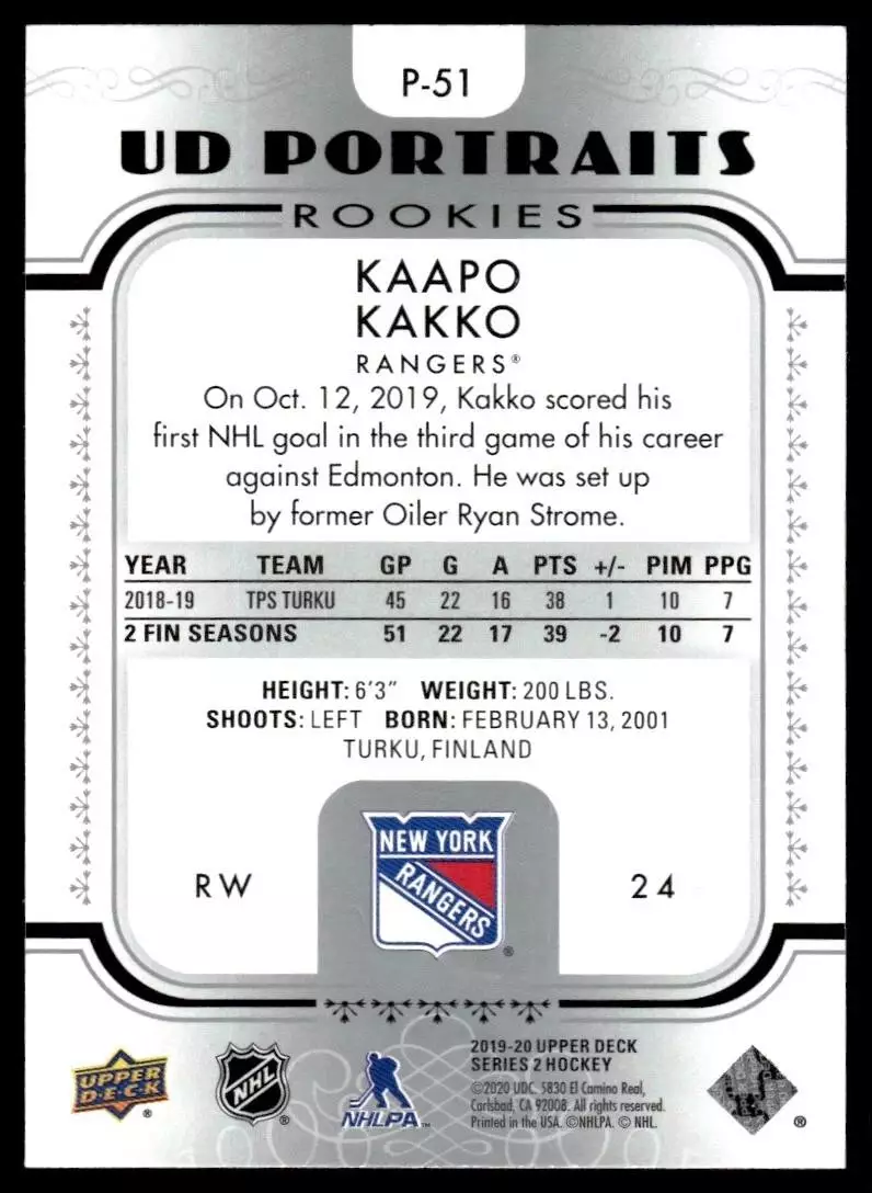 2019-20 Upper Deck UD Portraits #P51 Kaapo Kakko 1