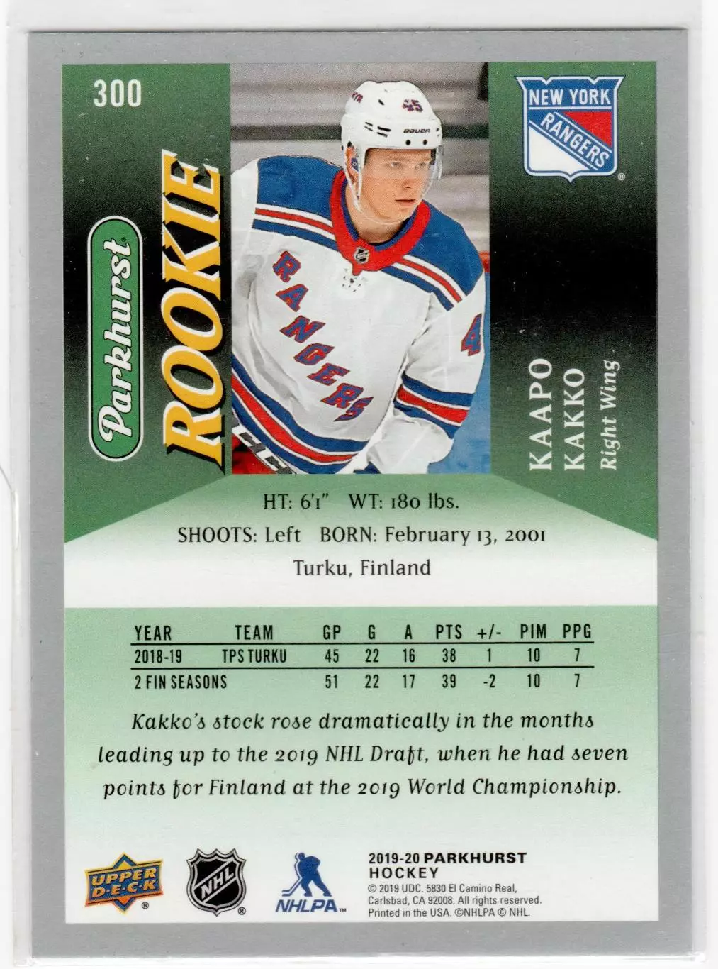 2019-20 Parkhurst Silver #300 Kaapo Kakko 1