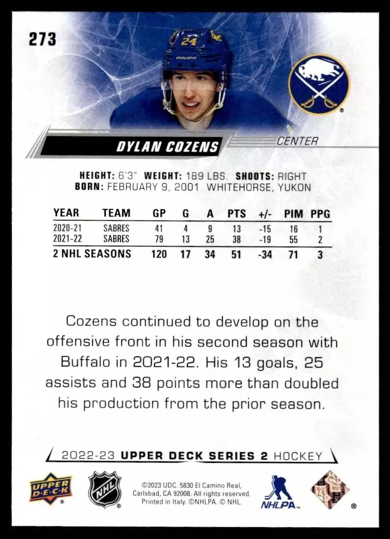 2022-23 Upper Deck #273 Dylan Cozens 1