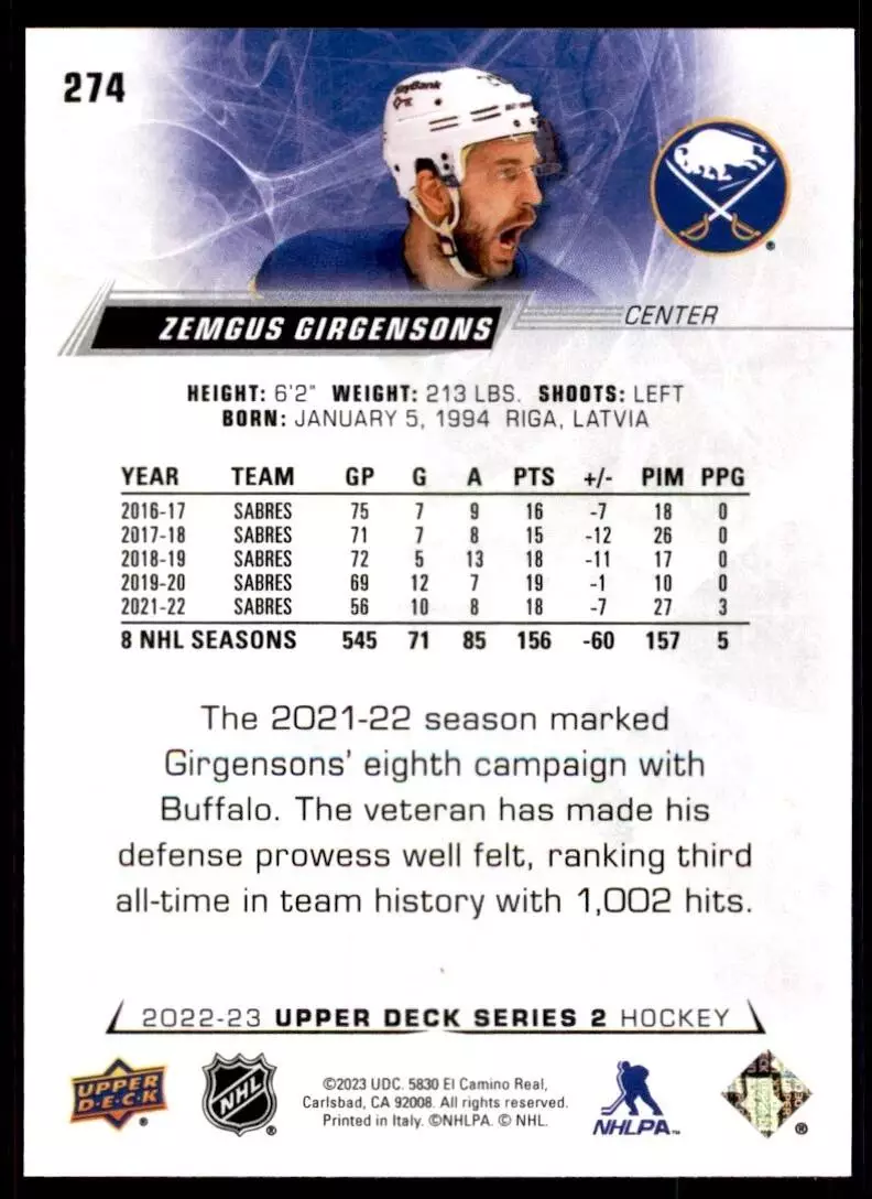 2022-23 Upper Deck #274 Zemgus Girgensons 1