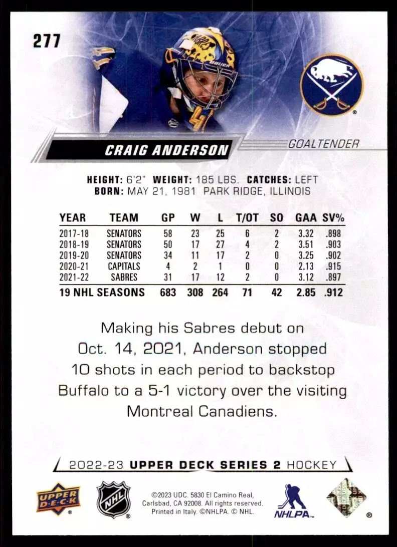 2022-23 Upper Deck #277 Craig Anderson 1