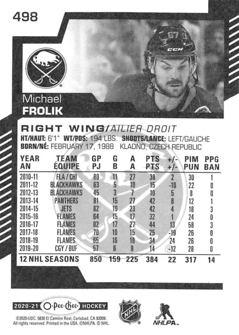2020-21 O-Pee-Chee #498 Michael Frolik 1