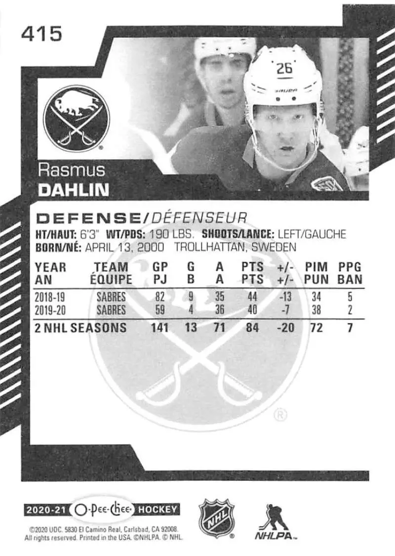 2020-21 O-Pee-Chee #415 Rasmus Dahlin 1