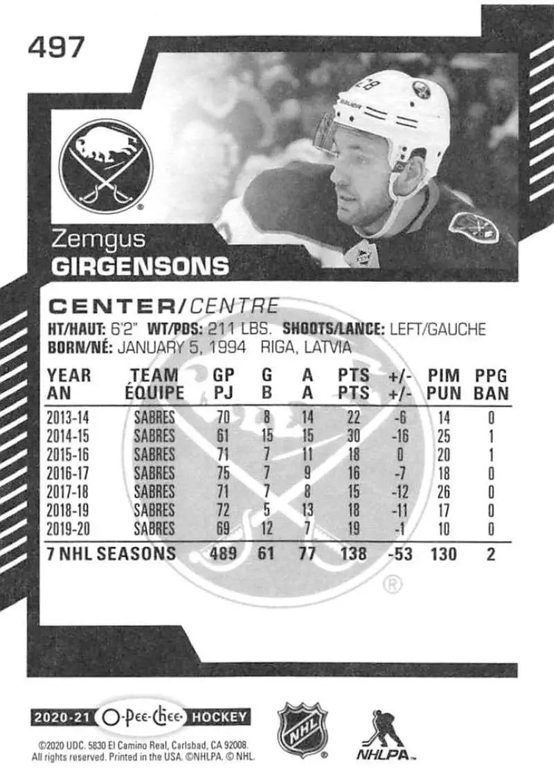 2020-21 O-Pee-Chee #497 Zemgus Girgensons 1