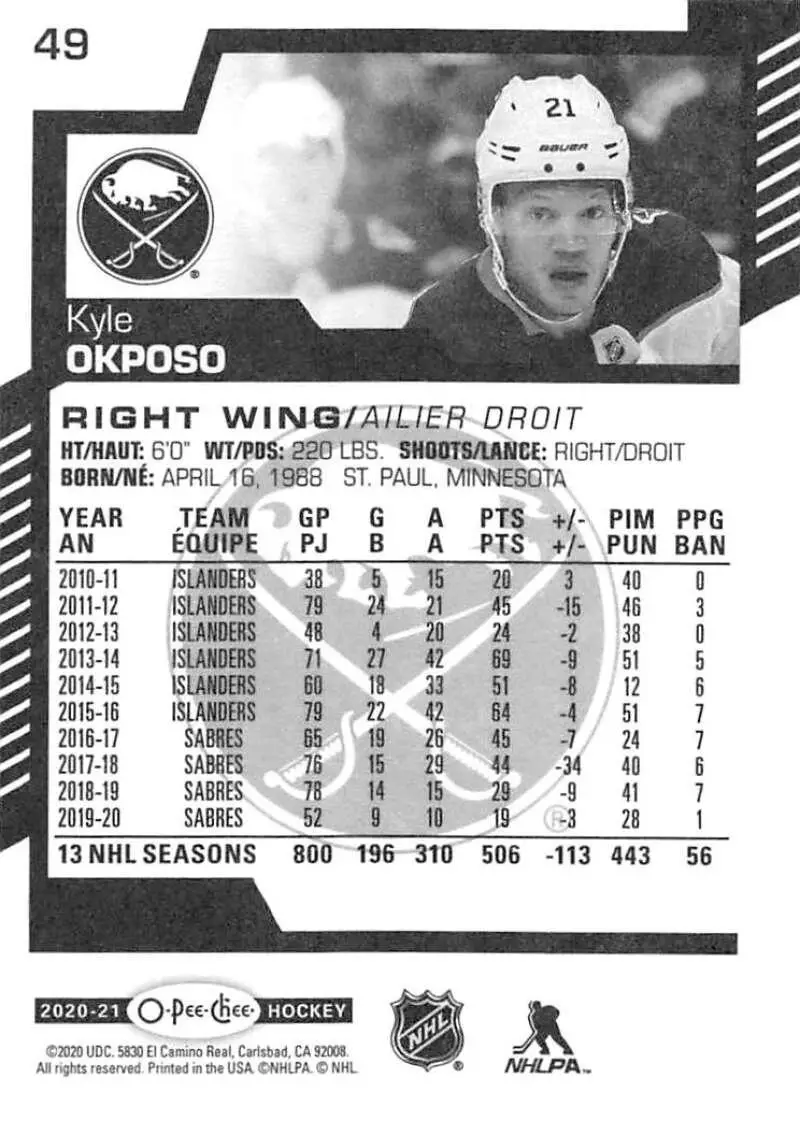 2020-21 O-Pee-Chee #49 Kyle Okposo 1