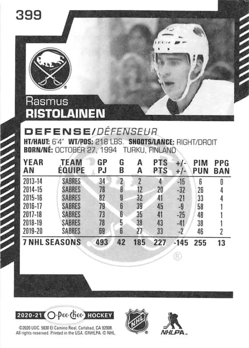 2020-21 O-Pee-Chee #399 Rasmus Ristolainen 1
