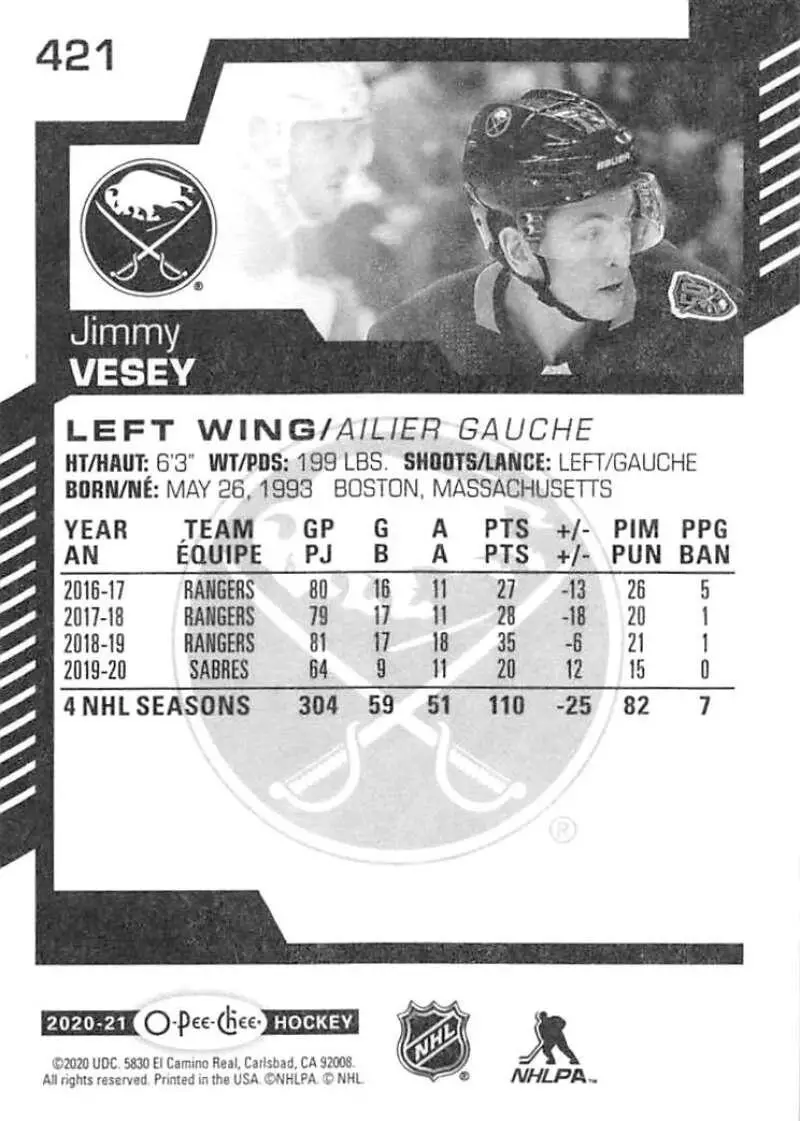 2020-21 O-Pee-Chee #421 Jimmy Vesey 1