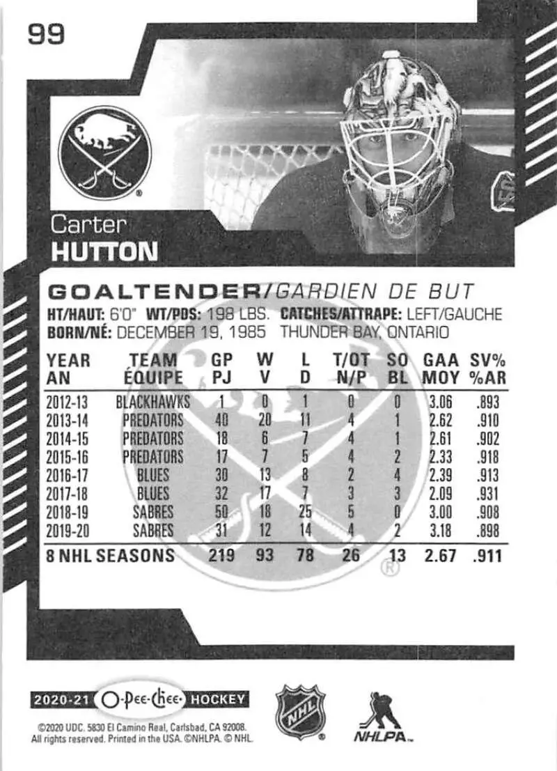 2020-21 O-Pee-Chee #99 Carter Hutton 1