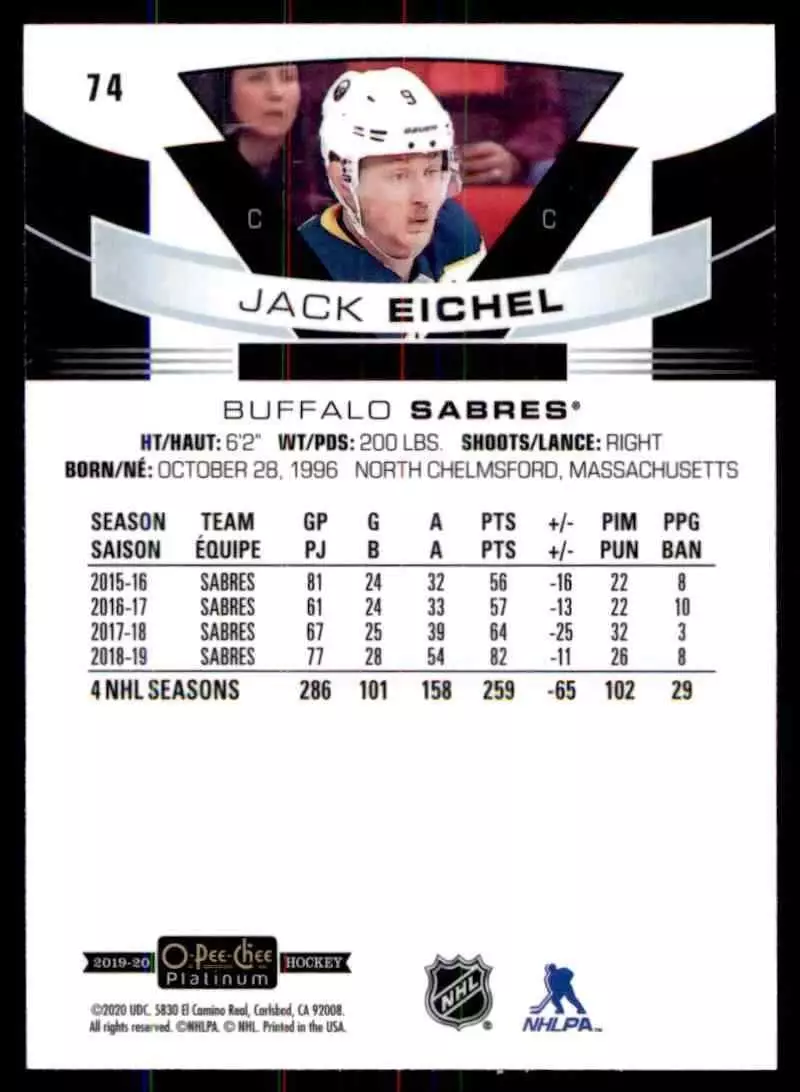 2019-20 O-Pee-Chee Platinum #74 Jack Eichel 1
