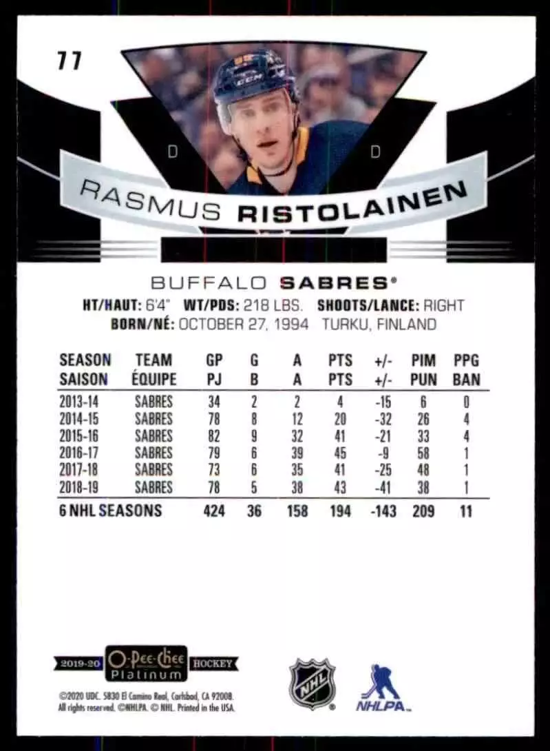 2019-20 O-Pee-Chee Platinum #77 Rasmus Ristolainen 1