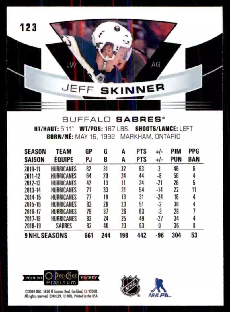 2019-20 O-Pee-Chee Platinum #123 Jeff Skinner 1