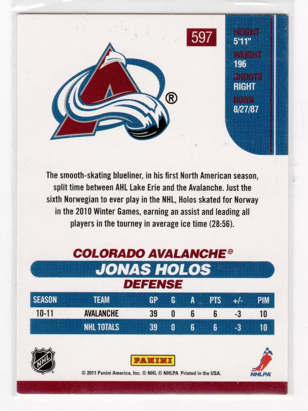 2010-11 Score #597 Jonas Holos RC\Lokomotiv Yaroslavl 1