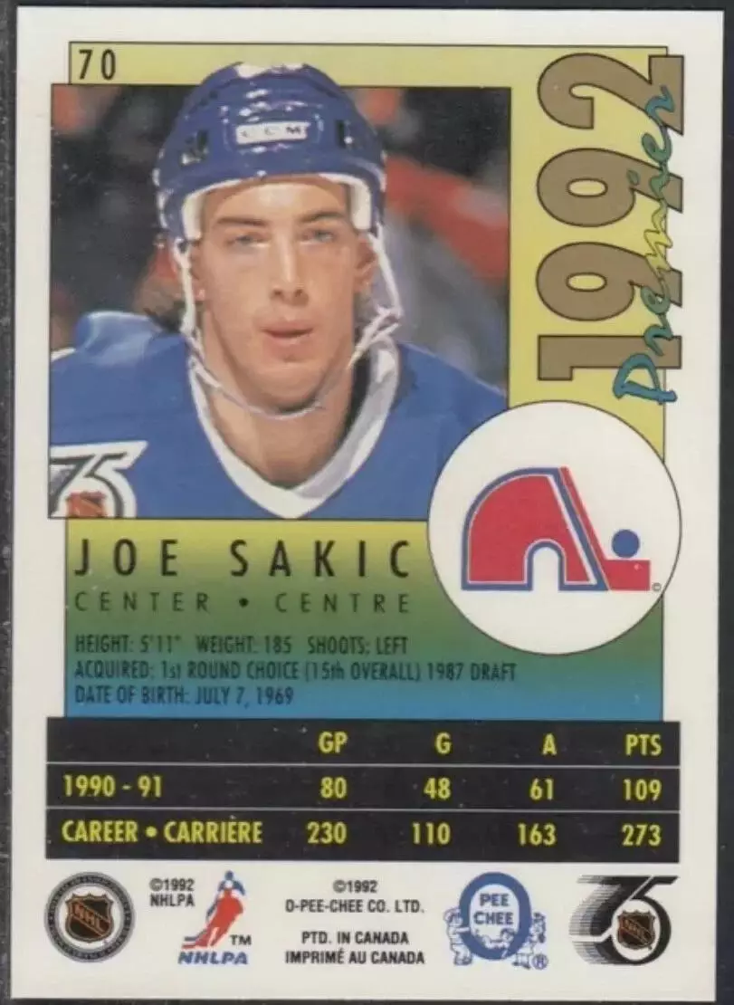 1991-92 OPC Premier #70 Joe Sakic 1