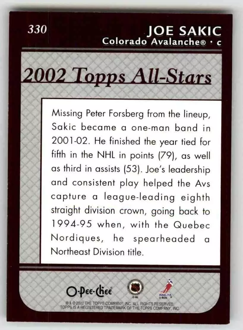 2002-03 O-Pee-Chee #330 Joe Sakic 1