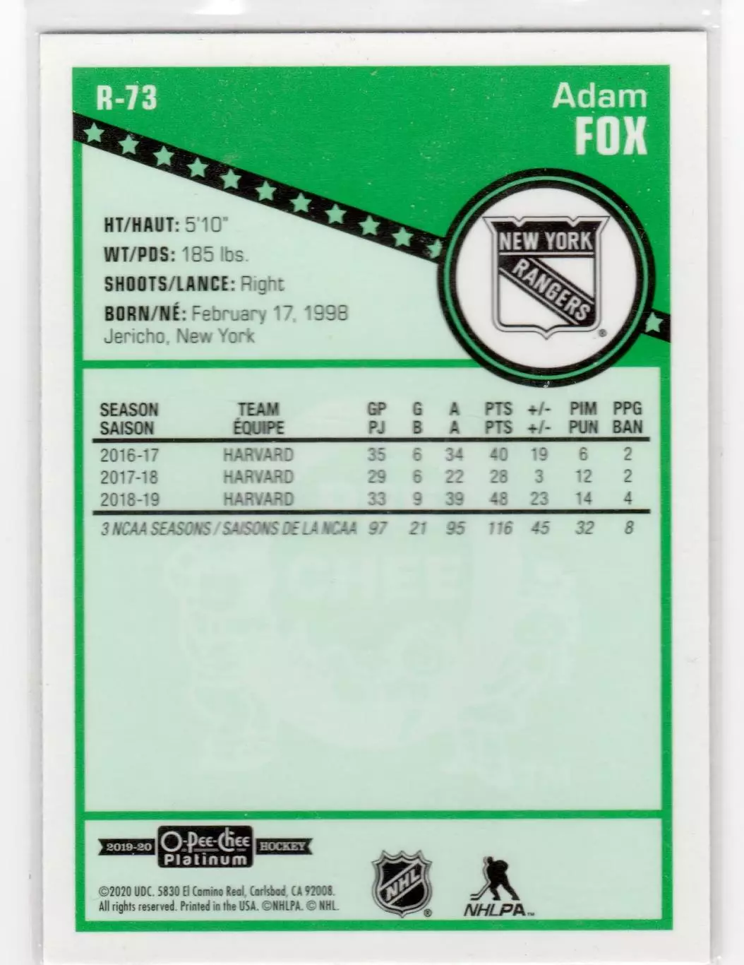 2019-20 O-Pee-Chee Platinum Retro #R73 Adam Fox 1